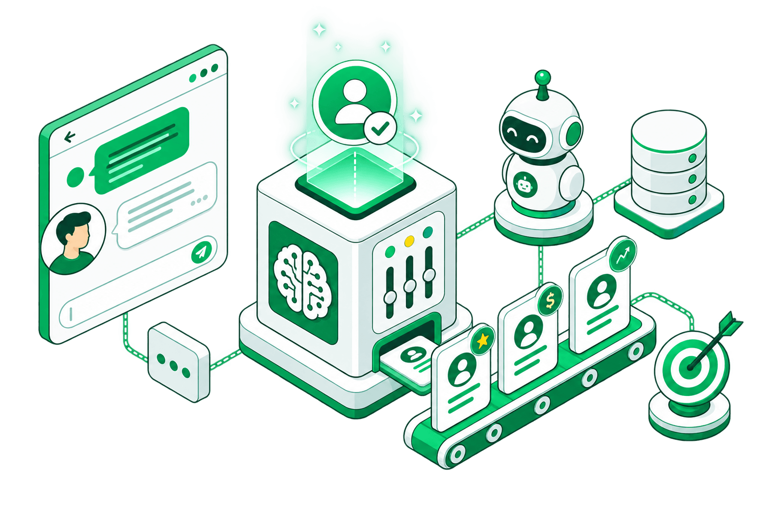 A live chat feeding an AI engine, which turns the conversation into a lead card and moves it along a pipeline toward a closed deal.